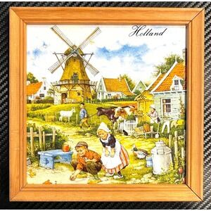 Vintage Holland Dutch Farm Village Ceramic Tile Trivet Wooden Wall Art Windmill